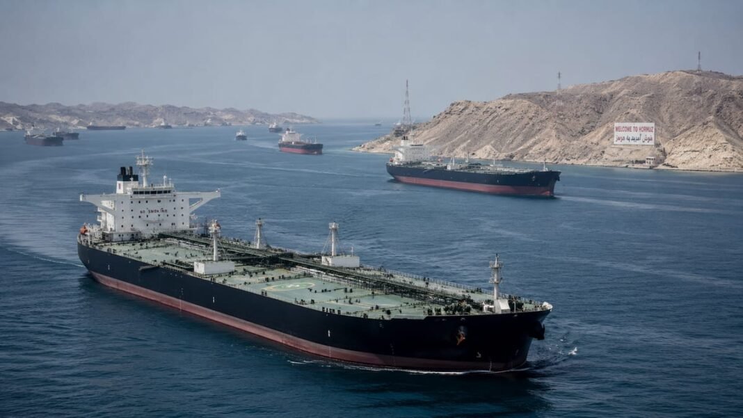An oil tanker transiting the Strait of Hormuz at dusk