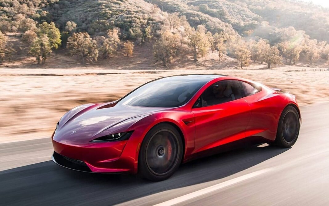 Tesla Roadster electric sports car that unveiled flying capability with SpaceX thrusters
