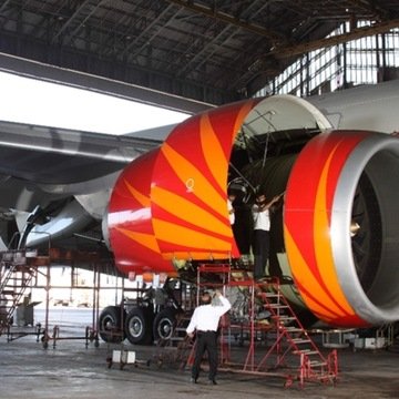 wp_09 Air India aircraft hangar maintenance, Delhi airport airplane ground, aircraft engine maintenance engineer, airplane hangar interior wide