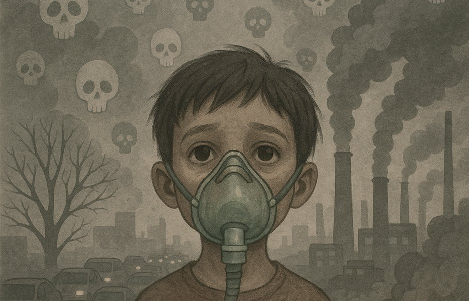 wp_17 Delhi smog pollution, children mask air pollution, PM2.5 brain illustration, AQI haze Delhi