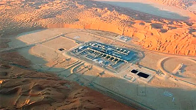 Aerial view of an oilfield in the Saudi desert